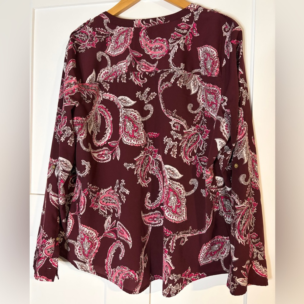 Croft & Barrow Burgundy Paisley Roll-Tab Sleeve Button Down Blouse PXL Petite XL - Picture 2 of 5